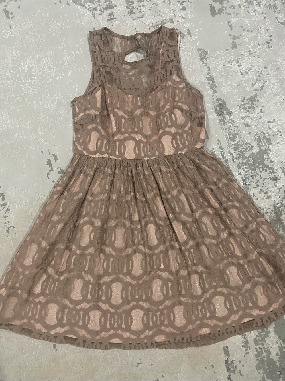 Minuet Petite Taupe Lace-Overlay Formal Dress
